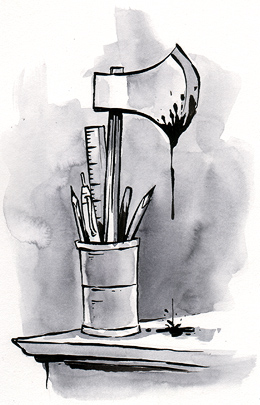 proofer's tools: pencils, pens, a bloody axe.
