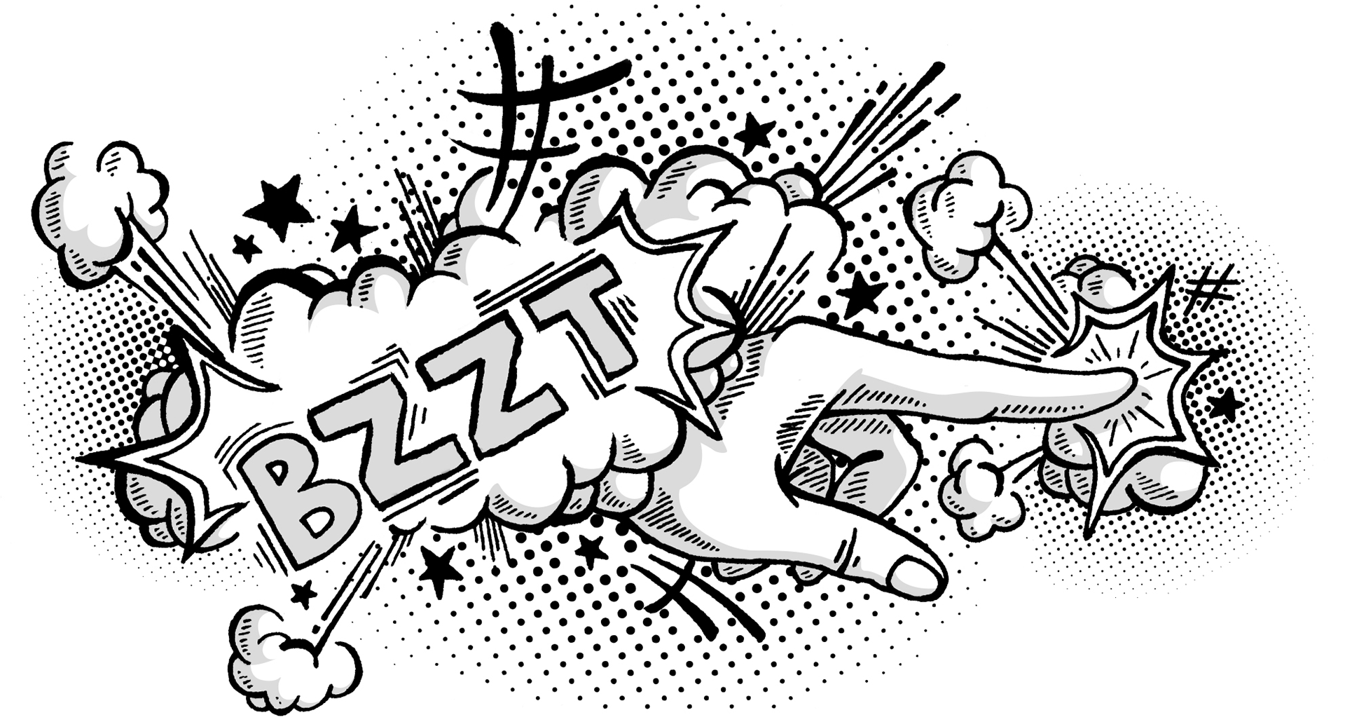 Illustration of a hand pointing with many symbolic noises surrounding it.