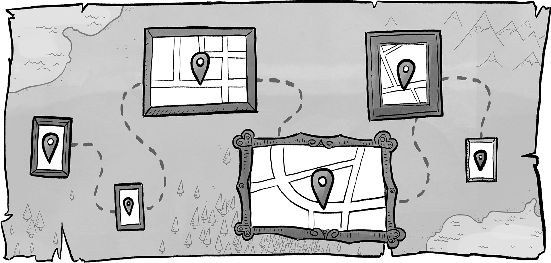 Illustration of a map with framed inset details of map pointers.