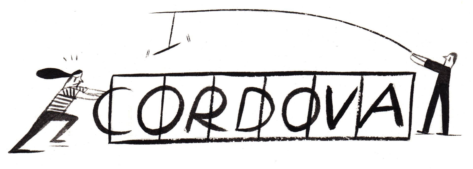 Illustration of two people trying to place letters into an oversized grid