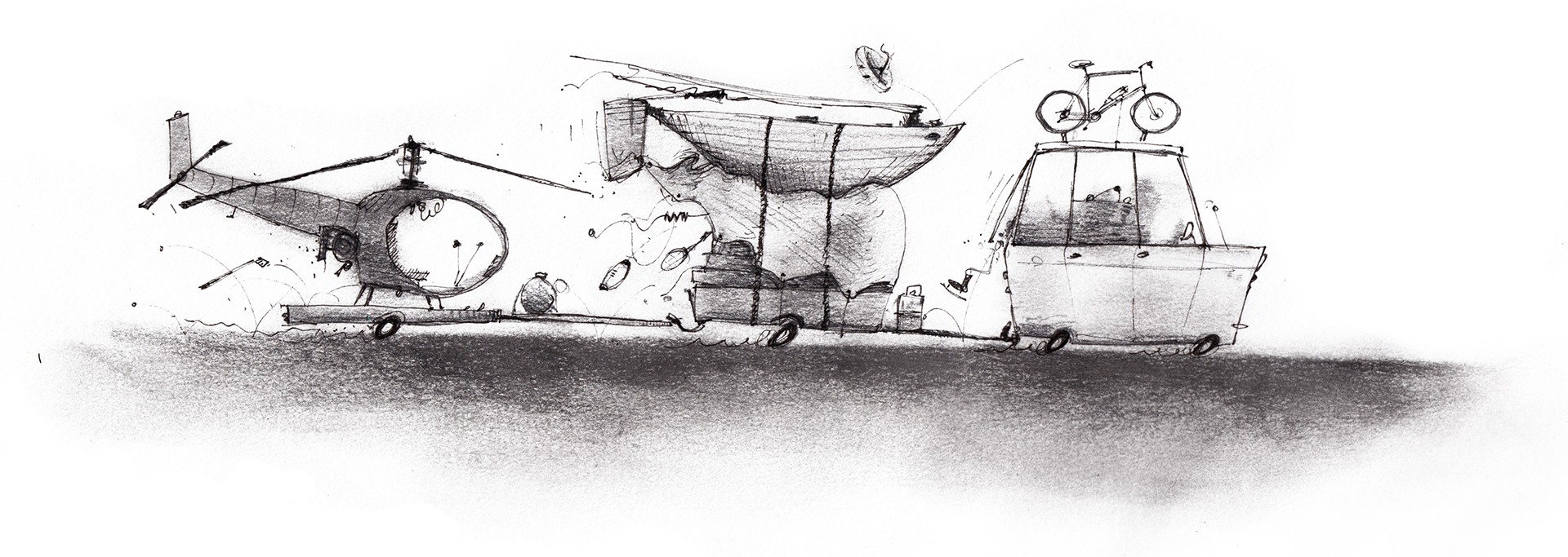 Illustration of a small car towing multiple overloaded trailers of vacation equipment.