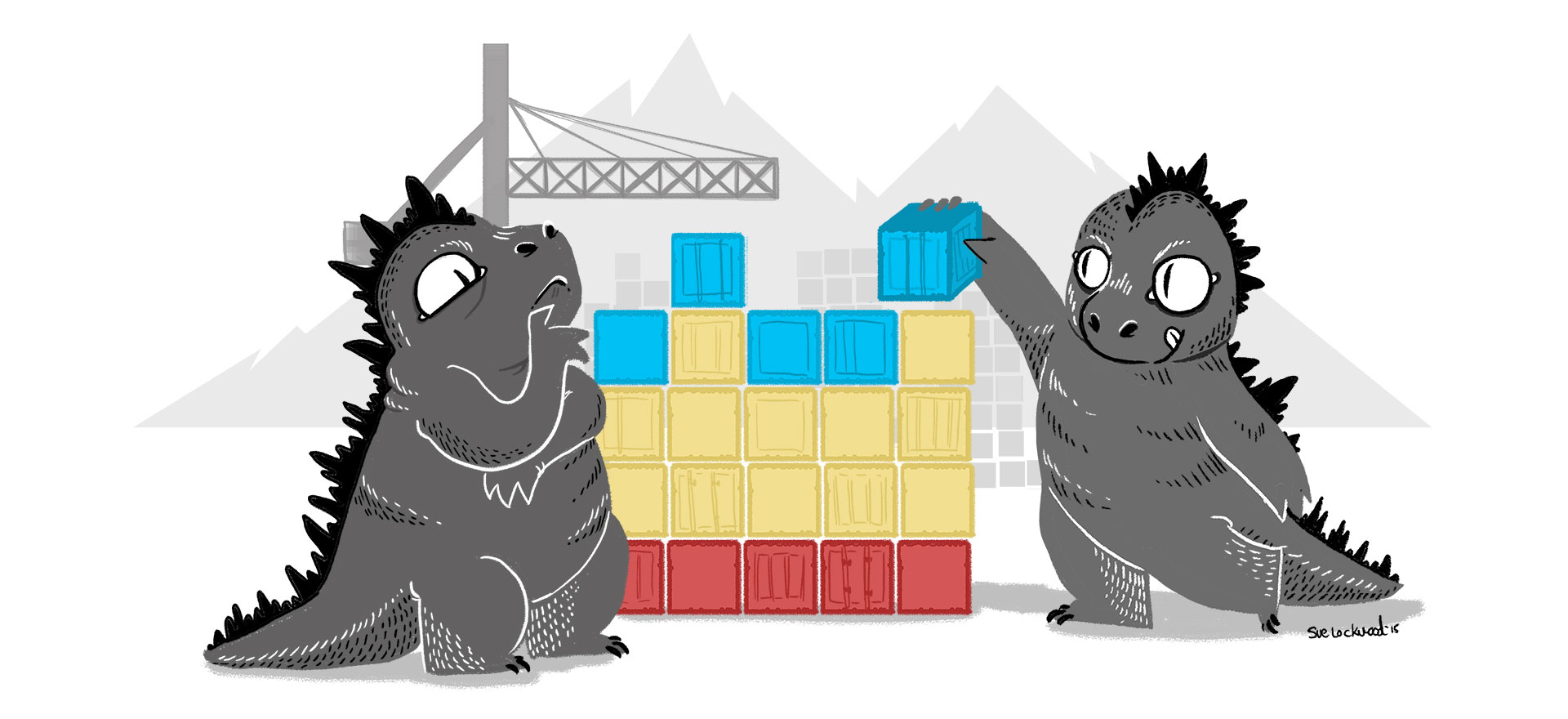 Dinosaurs setting up blocks.