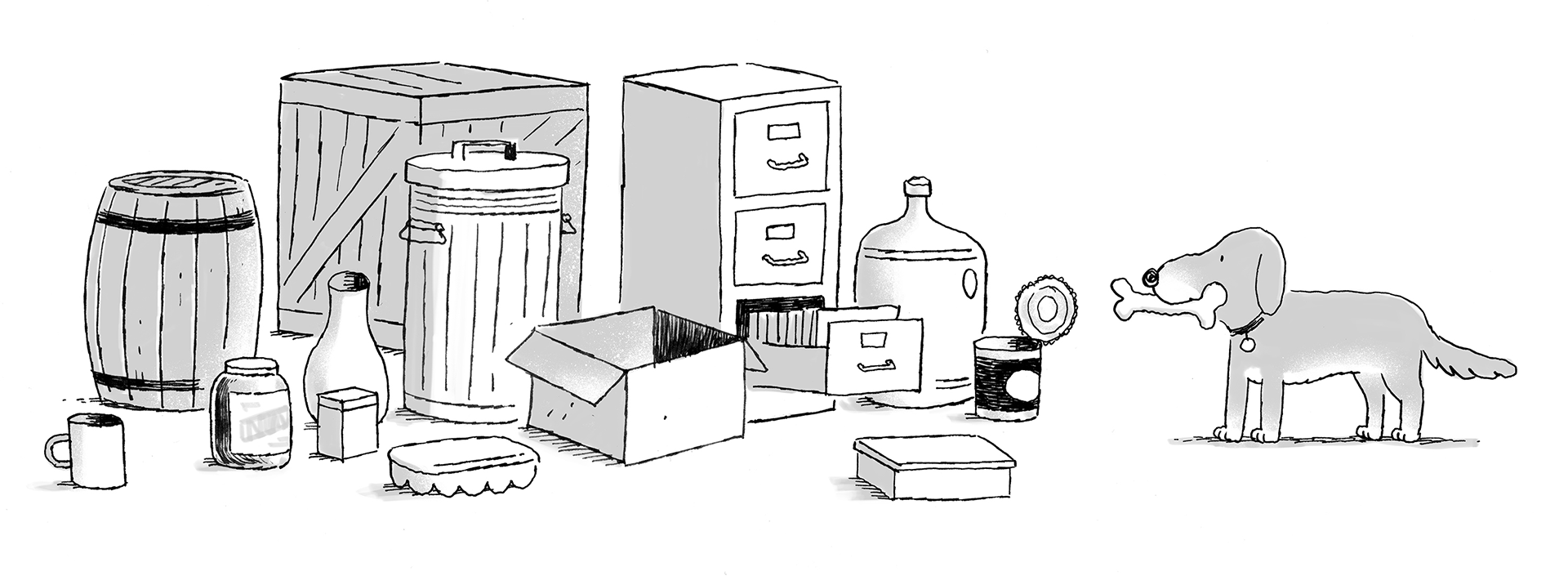 Dog looking at empty containers