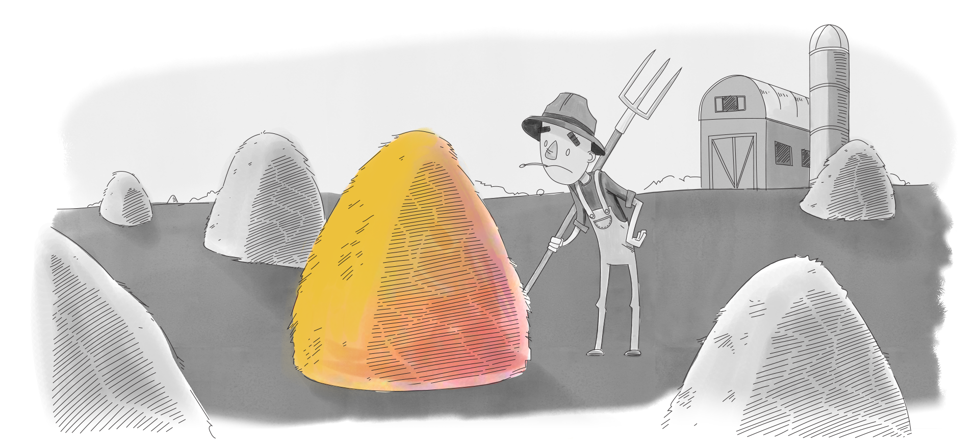 Farmer in a field of haystacks