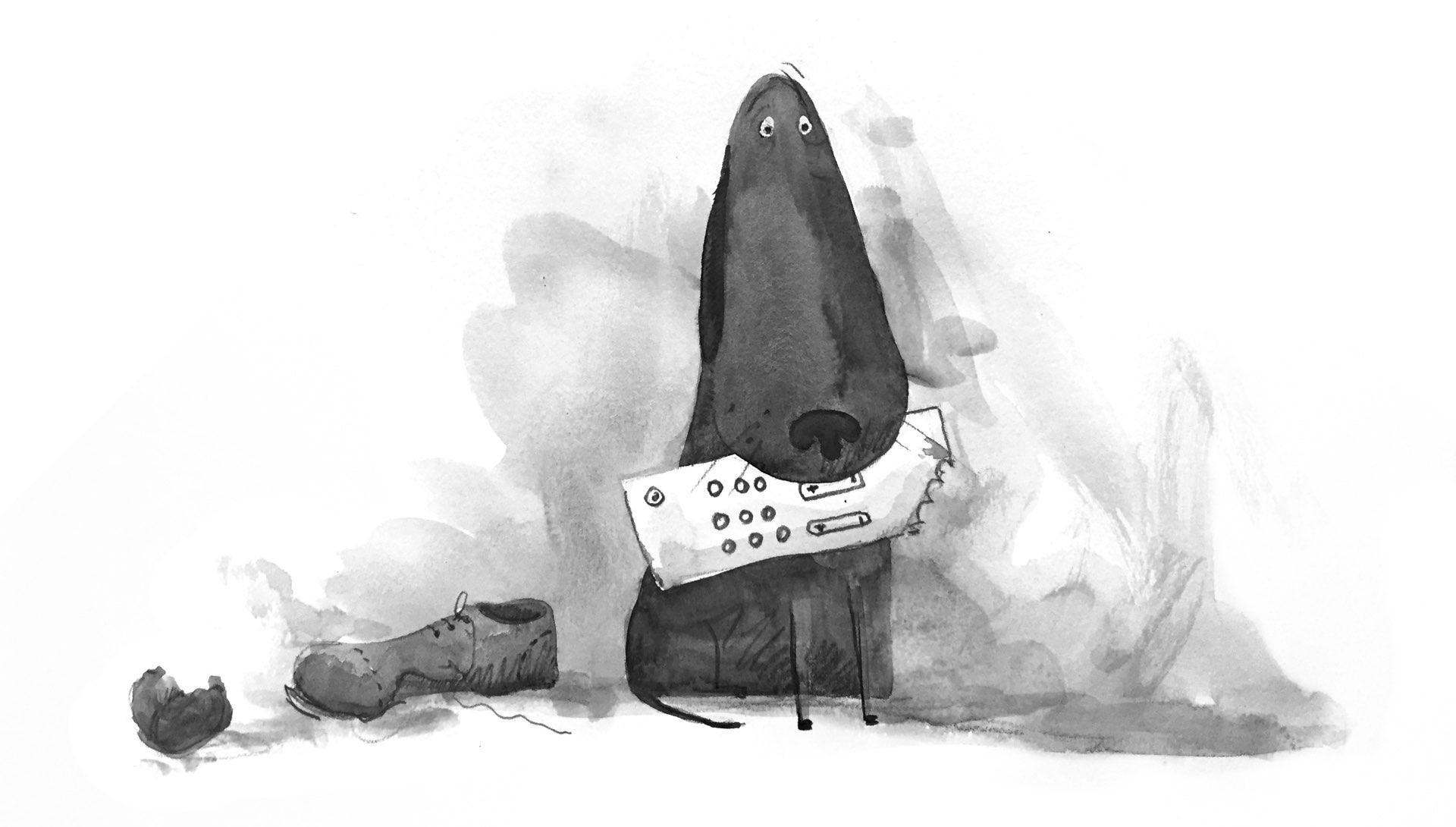 Illustration: An adorably contrite dog sits guiltily holding a chewed-up remote control, with other carnage of a recent chewing spree (a shoe and a ball) littering the background.