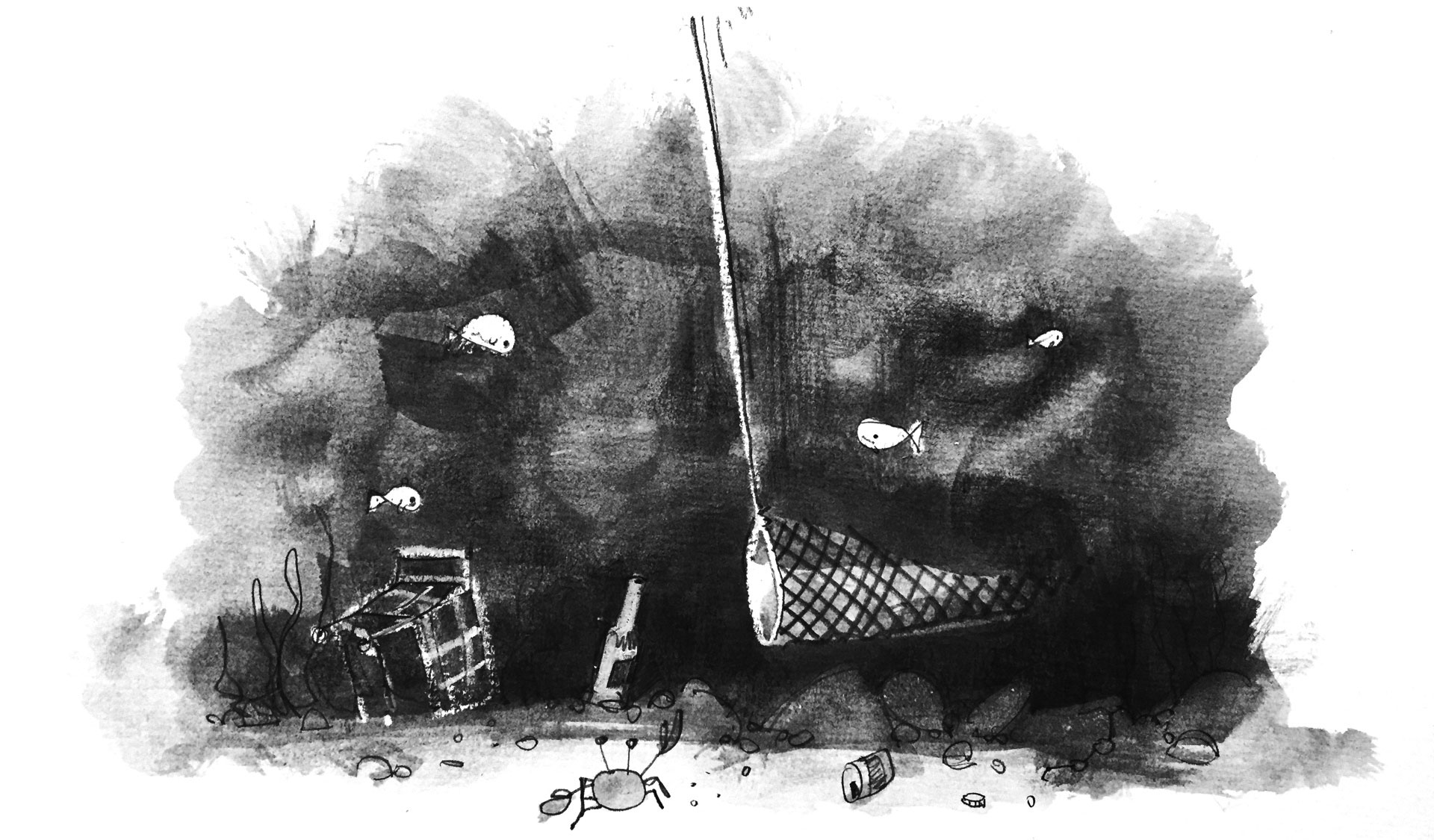 Illustration: A net skims the sea floor trawling for only the tastiest treats. Trash lurks all around it, threatening to snag on it.