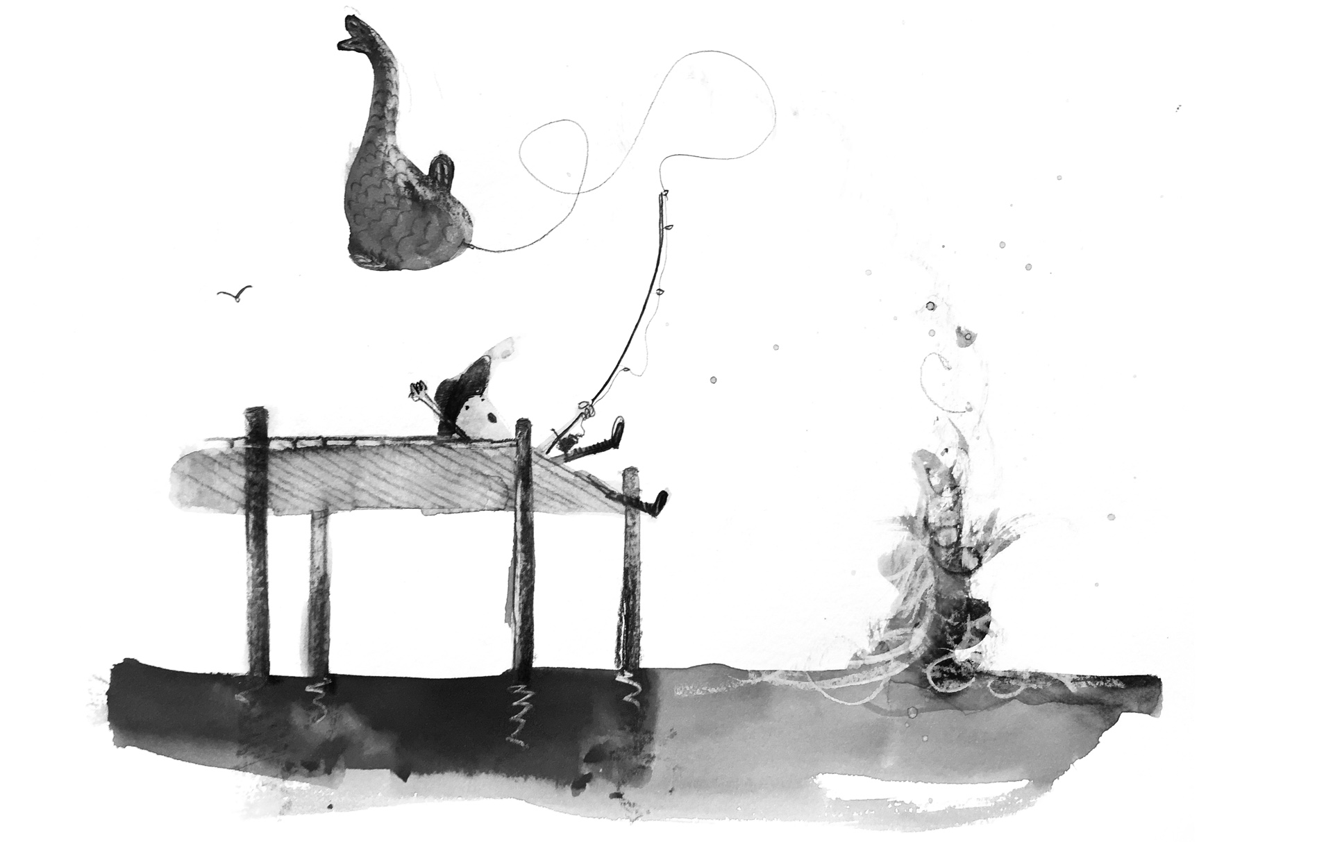 An illustration of a man fishing from a pier, yanking an enormous fish out of the water