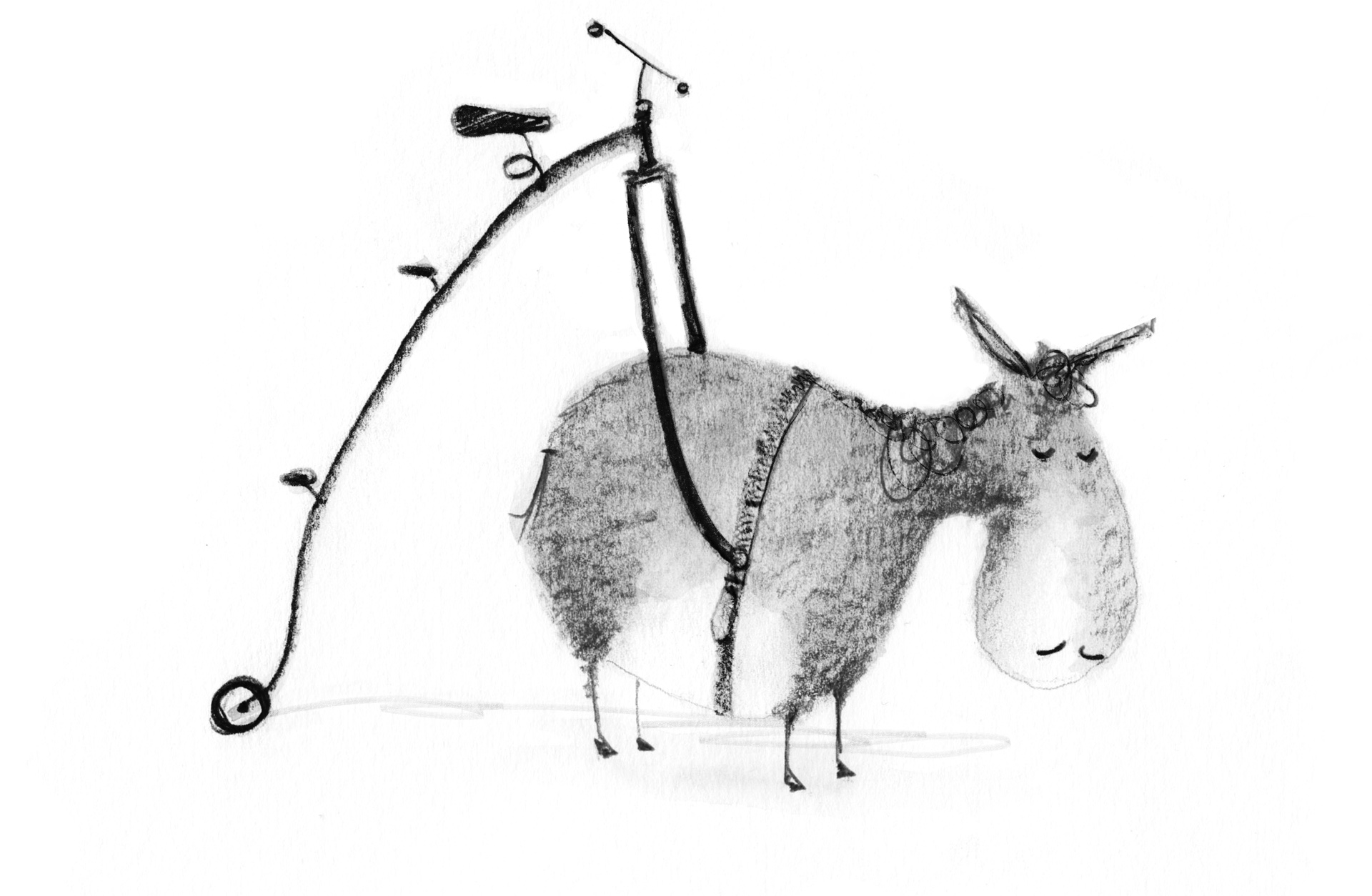 Illustration: A perfectly rideable horse has a whimsical but precarious looking unicycle attached above its torso.