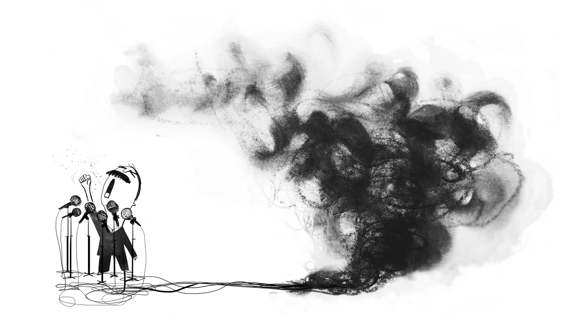 An illustration of an angry, unhinged little man screaming into several microphones, suffocating the room with the sulfurous cloud of his hate.