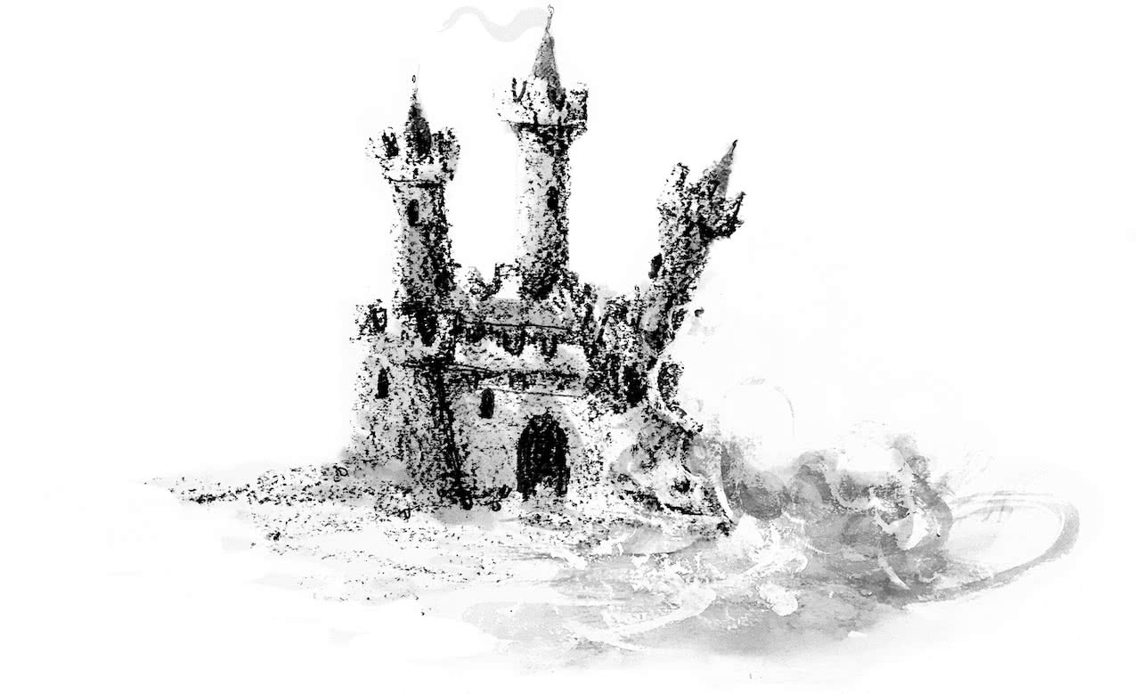 An illustration of a sand castle succumbing to the elements.