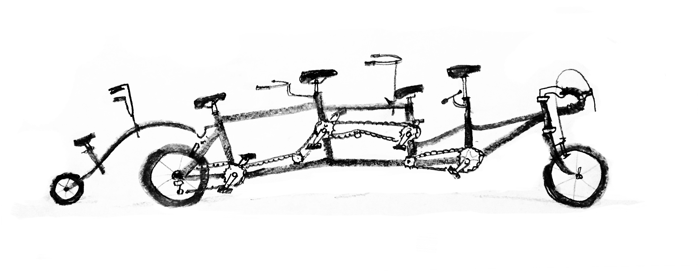 A bicycle built for five people of differing sizes