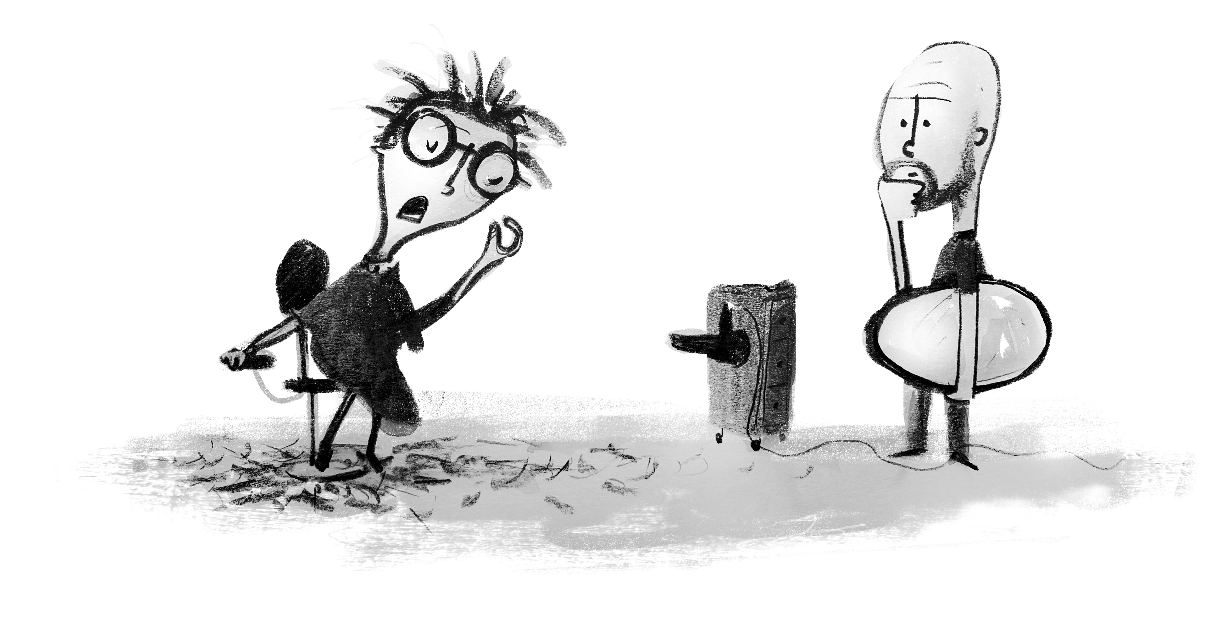 Illustration of a barber trying to describe a haircut to a customer without a mirror